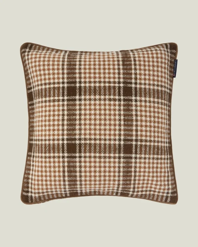 LEXINGTON Karierte Kissenhülle aus recycelter Baumwolle, braun/fudge/hellbeige
