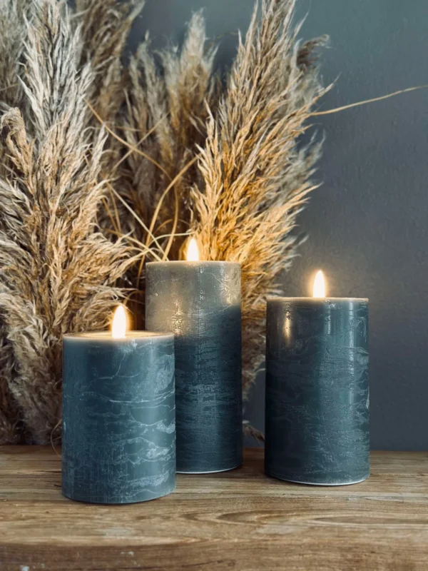 LED-Blockkerzen / Grün/Grau – 3 Stk. rustikale Kerzen