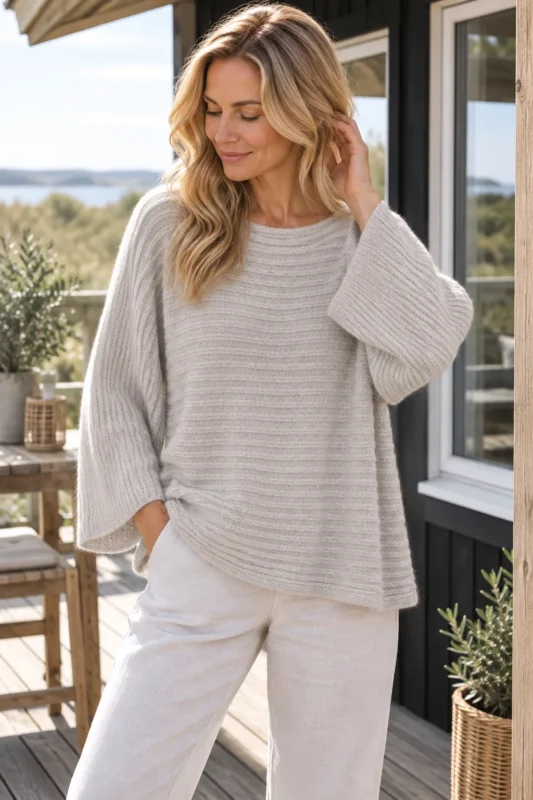 Oversized-Pullover - Beige Woll-/Mohair-Mix