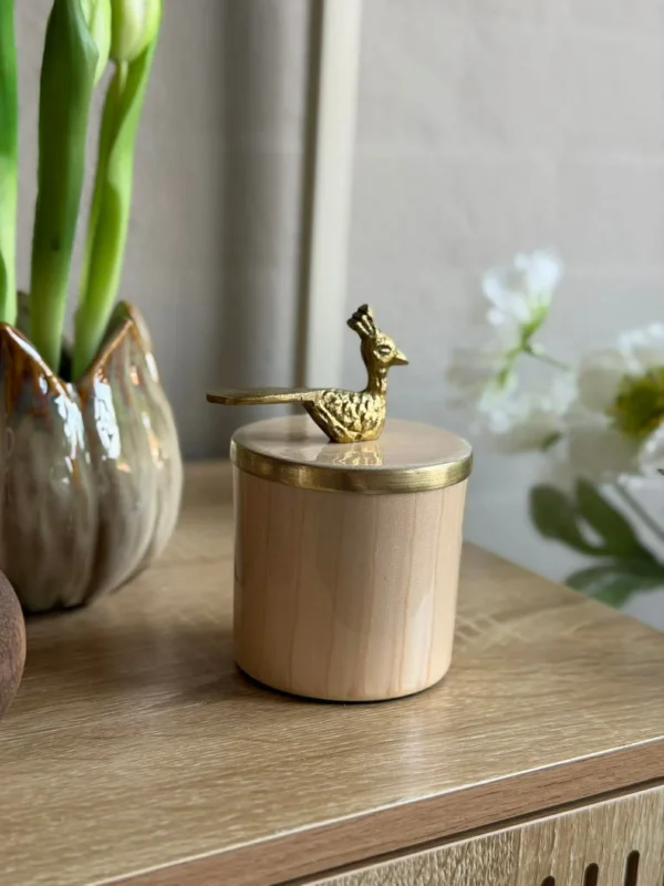 Dose mit Deckel – Beige mit Vogel in Gold