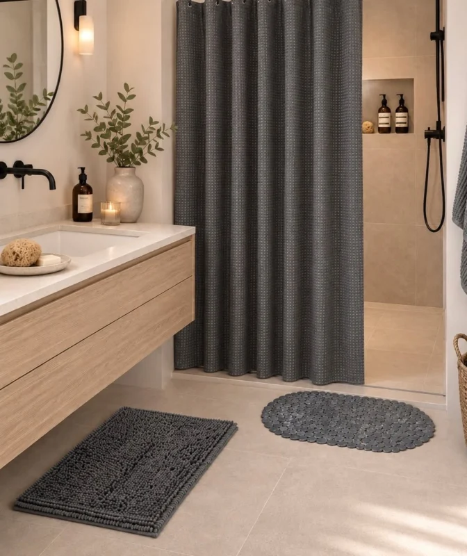Badezimmer-Set: Duschvorhang & Badematte / Dark grey