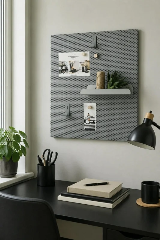 Pinnwand mit Regal, Haken und Magneten - Grau